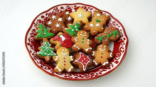 Christmas gingerbread cookies on a red plate. Christmas baking, festive holiday treat, traditional food, festive food