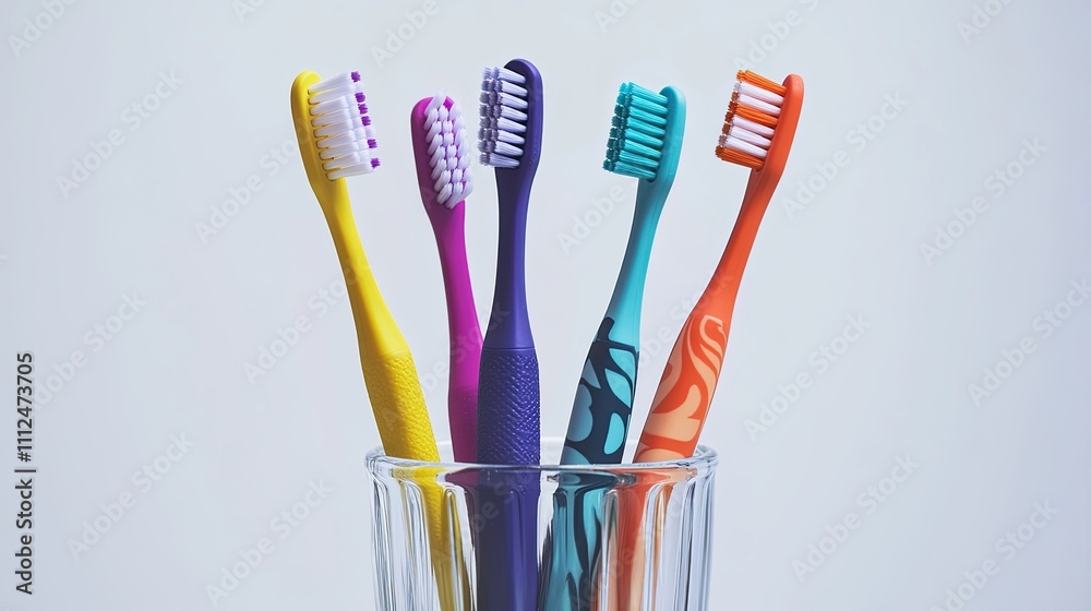toothbrushes in the same cup, against a white background with soft lighting. The image is a high-resolution, and an orange one with yellow bristle compositions. toothbrushes in the same cup, against a white background with soft lighting. The image is a high-resolution, and an orange one with yellow bristle compositions.