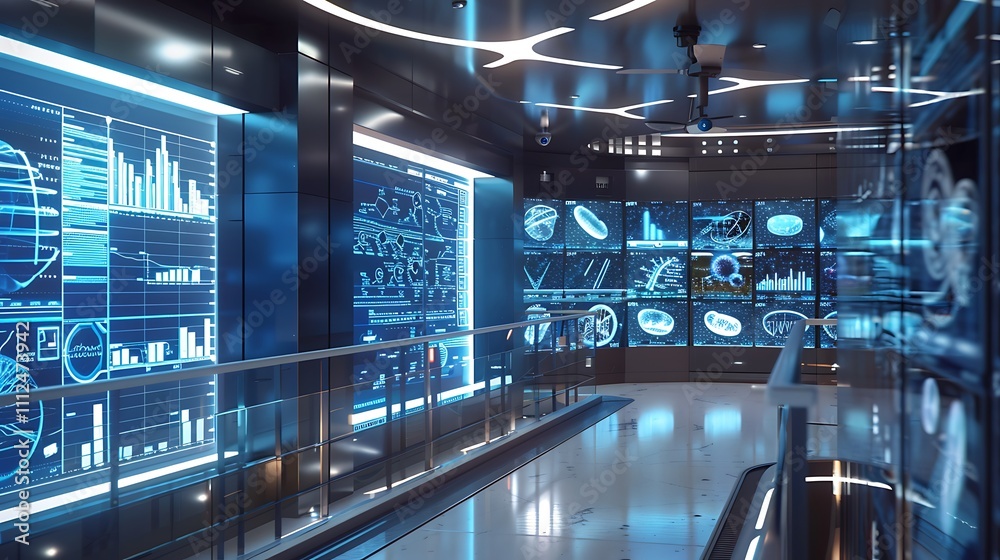 Fototapeta premium A modern research facility with multiple digital displays, each showing different sections of a DNA sequence