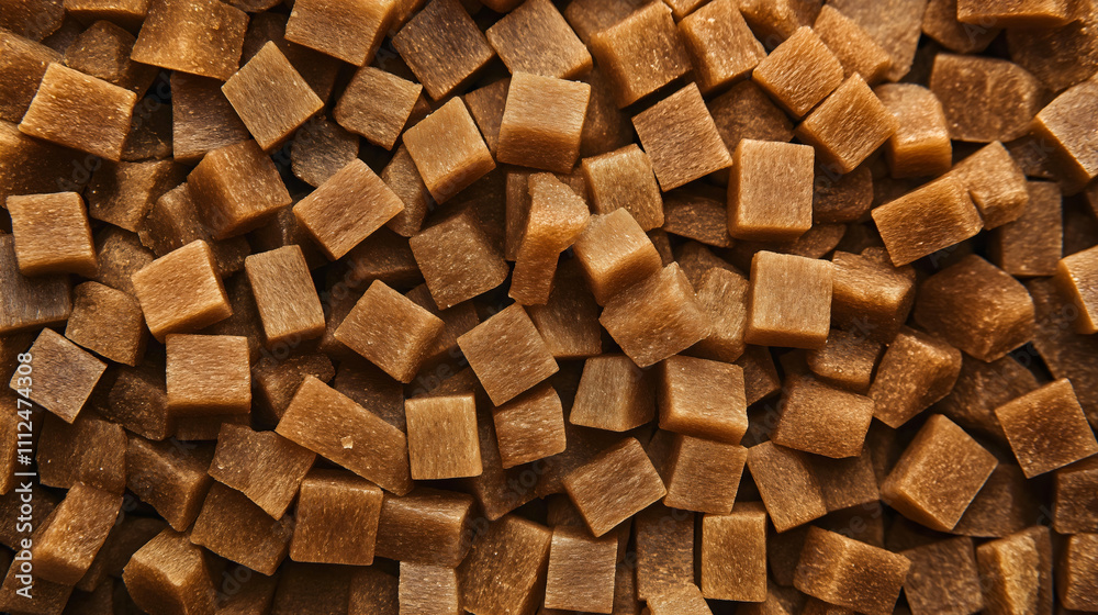 Brown sugar cubes scattered in pile closeup, natural cane sweetener ingredients, organic granulated sugar heap viewed from above Brown sugar cubes scattered in pile closeup, natural cane sweetener ingredients, organic granulated sugar heap viewed from above