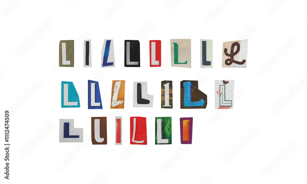 Set of cut-out letter “L” from magazines on a transparent background, retro y2k ransom font style Set of cut-out letter “L” from magazines on a transparent background, retro y2k ransom font style