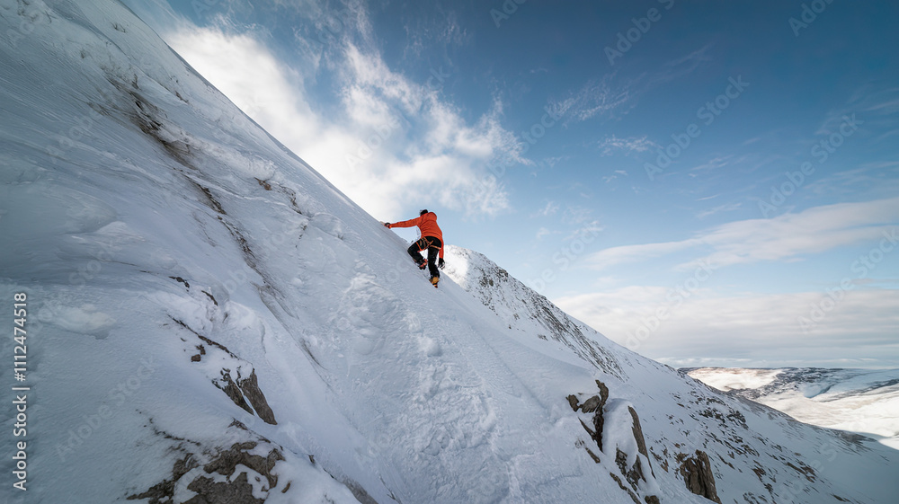Climber Reaching the Top of a Snowy Mountain, Winter Adventure, Extreme Sports, High-Altitude Expedition, Determined Mountaineer Conquering Challenging Summit in Snow-Covered Terrain Climber Reaching the Top of a Snowy Mountain, Winter Adventure, Extreme Sports, High-Altitude Expedition, Determined Mountaineer Conquering Challenging Summit in Snow-Covered Terrain