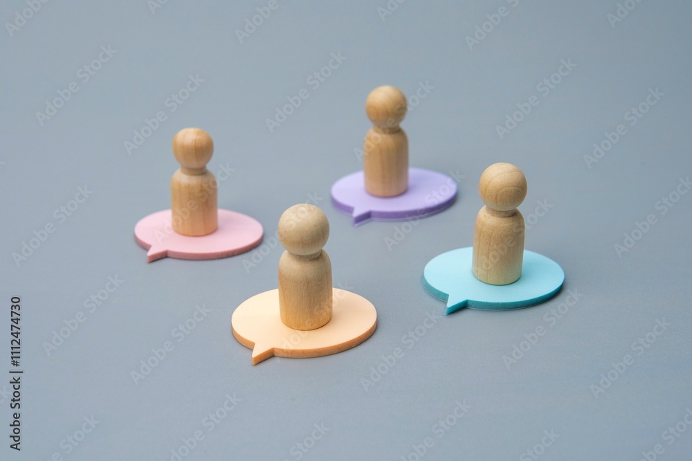Obraz premium Four wooden figures, each standing on a differently colored speech bubble, representing diverse opinions or perspectives.