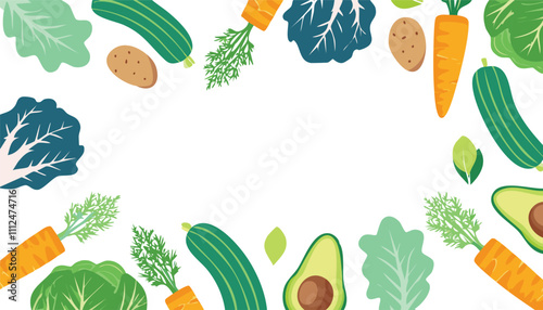 A vibrant illustration of fresh vegetables like carrots, zucchini, potatoes, avocados, and leafy greens, arranged in a frame on a white background. Copy space