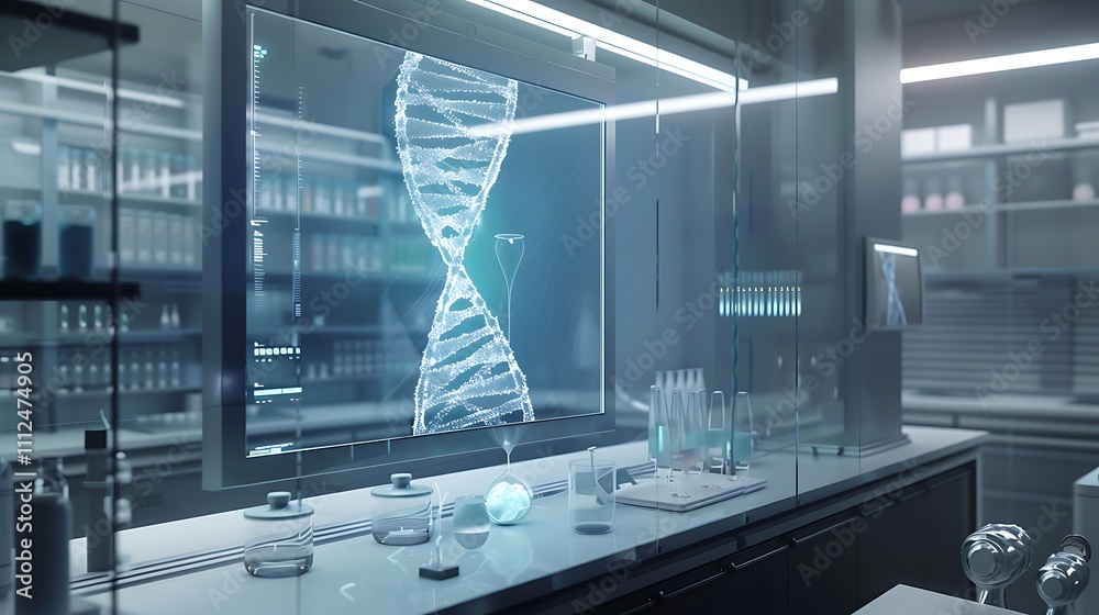 Fototapeta premium A modern conference room with a large screen showing a detailed neural activity chart and DNA sequencing animation