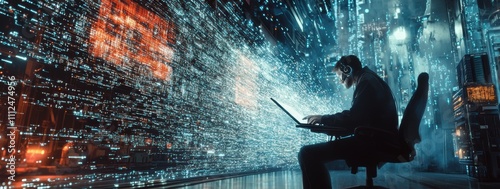 Cybersecurity expert analyzing data particles in a digital environment photo