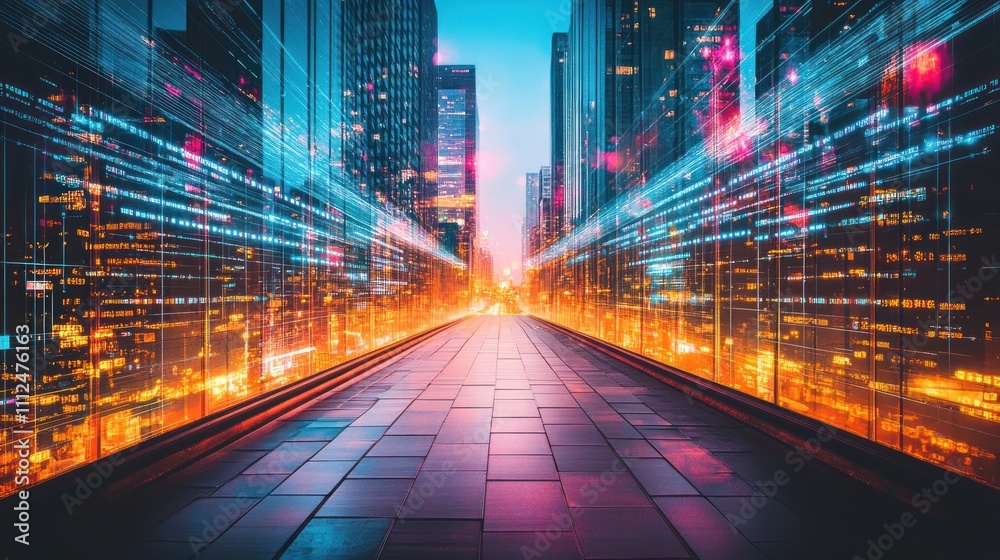 Fototapeta premium A futuristic cityscape with vibrant lights and a pathway leading into a glowing horizon.