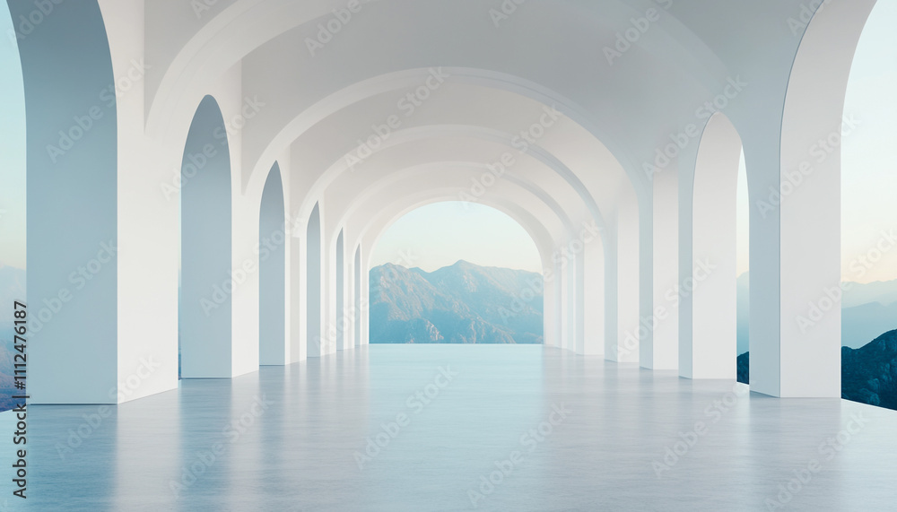 Obraz premium Elegant white arches in a spacious hallway overlooking serene mountain views, bathed in soft natural light, create a calming ambiance.