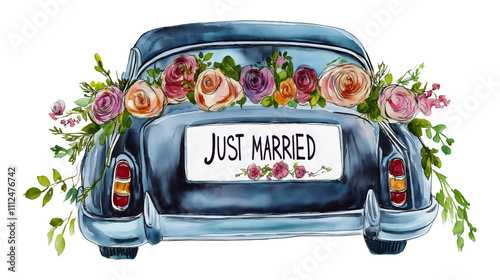 Vintage wedding car illustration with floral decoration, romantic just married vehicle design, retro automobile celebration artwork isolated