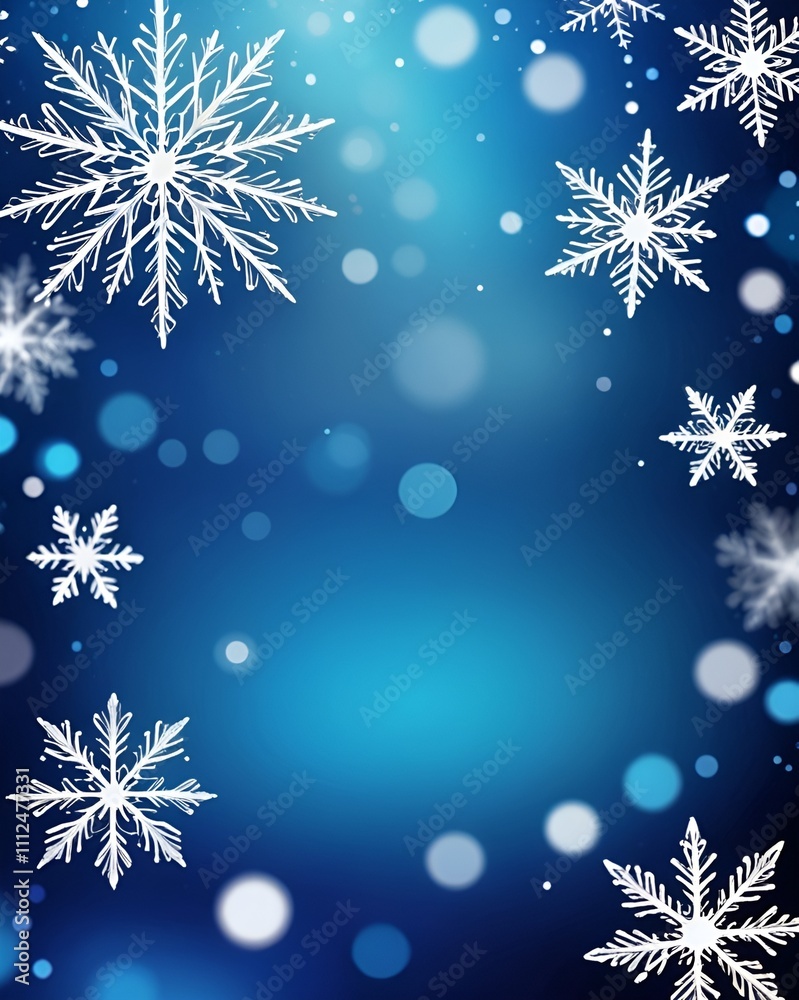 Snowflake frame, blue background bokeh sparkle snow falling, copy space Snowflake frame, blue background bokeh sparkle snow falling, copy space