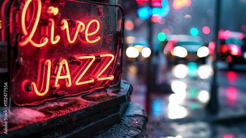 Live Jazz neon light sign glowing, live music night club 