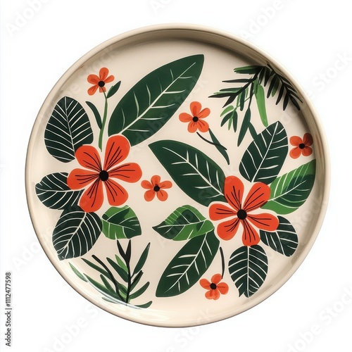 Decorative plate with vibrant floral design, isolated on a white background.