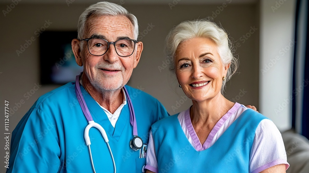 Elderly Couple Smiling After Receiving Care from Home Nurse with Kind Gesture Elderly Couple Smiling After Receiving Care from Home Nurse with Kind Gesture