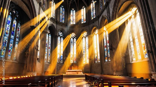 Golden Sunlight Streaming Through Stained Glass Windows in Grand Cathedral

 photo