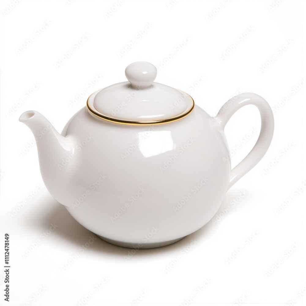 Elegant porcelain teapot with gold trim, isolated on a white background.