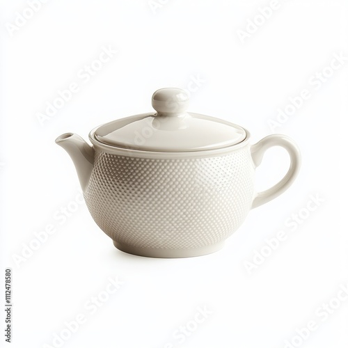 Elegant white teapot with textured design on a white isolated background.