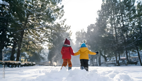 Two children in snowcovered woods holding hands, perfect for winterthemed designs, holiday promotions, greeting cards, and childrens illustrations.