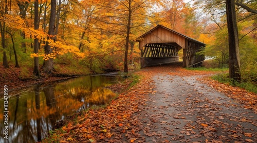 An autumn scene with a covered bridge over a quiet stream, surrounded by trees in vibrant fall colors and a path covered in fallen leaves. 32k, full ultra hd, high resolution photo