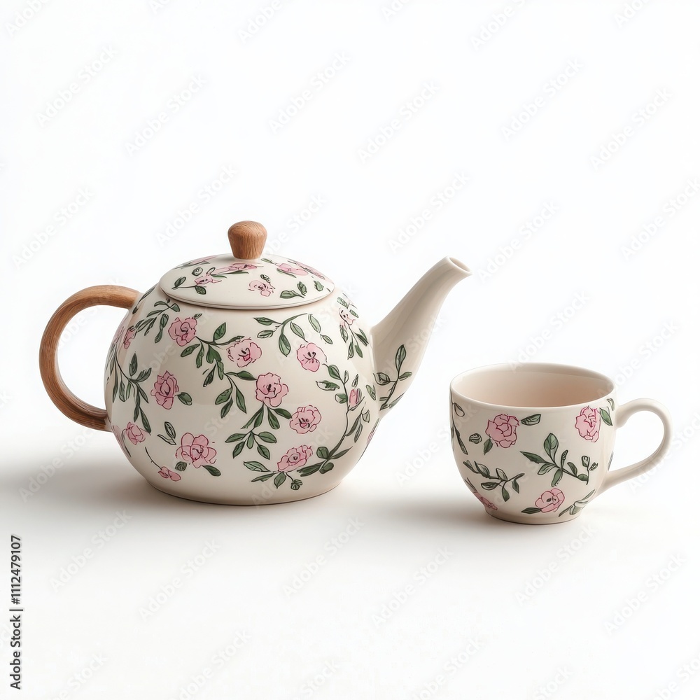 Teapot and cup with floral design, white isolate background Teapot and cup with floral design, white isolate background