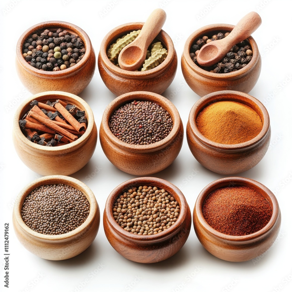 Various spices arranged in wooden bowls on a white isolate background. Various spices arranged in wooden bowls on a white isolate background.