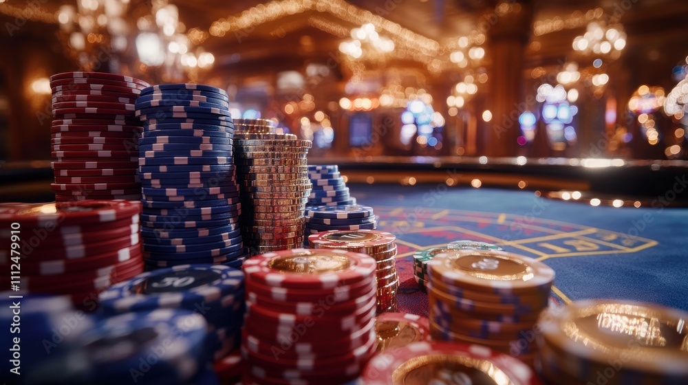 A vibrant casino scene featuring colorful poker chips stacked on a gaming table. A vibrant casino scene featuring colorful poker chips stacked on a gaming table.