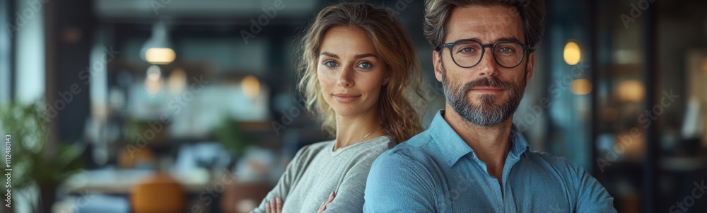 Couple standing in a restaurant with their arms crossed, space for text Couple standing in a restaurant with their arms crossed, space for text