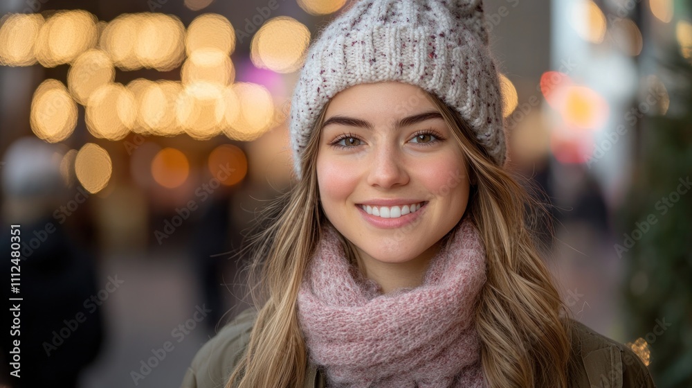 A smiling young woman in winter attire against a blurred festive background. A smiling young woman in winter attire against a blurred festive background.
