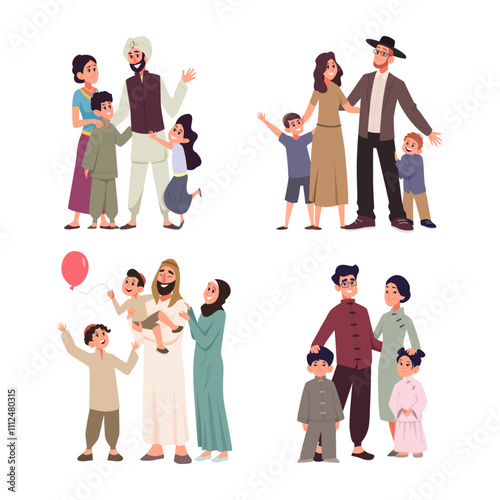 Diverse families. Mother father and kids of different nationalities exact vector group of heterosexual parents
