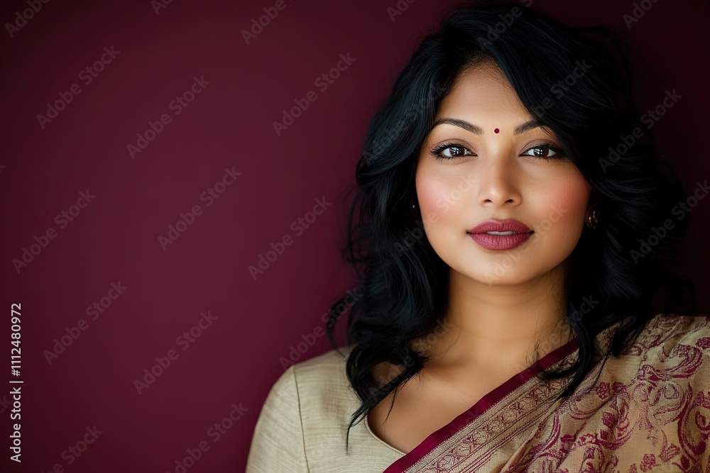 Fototapeta premium Elegant Indian woman with deep gaze, maroon backdrop