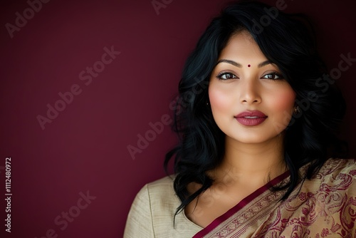 Elegant Indian woman with deep gaze, maroon backdrop