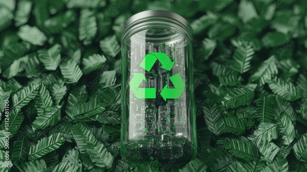 battery replacement recycling. A clear glass jar with a green recycling symbol sits atop a bed of vibrant green leaves, symbolizing sustainability and eco-friendliness. battery replacement recycling. A clear glass jar with a green recycling symbol sits atop a bed of vibrant green leaves, symbolizing sustainability and eco-friendliness.