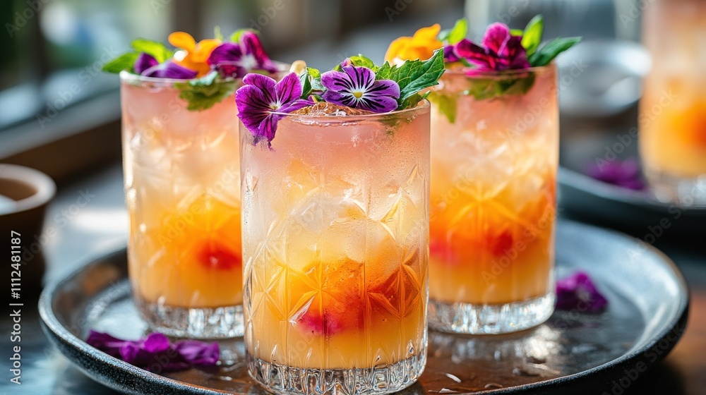 Colorful cocktails garnished with flowers served on a tray. Colorful cocktails garnished with flowers served on a tray.