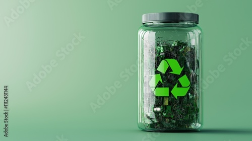 battery replacement recycling. A glass jar filled with green recyclables features a prominent recycling symbol, emphasizing sustainability and eco-friendliness against a green background.