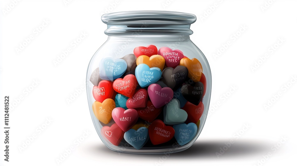 Colorful heart-shaped candies in a glass jar. Colorful heart-shaped candies in a glass jar.