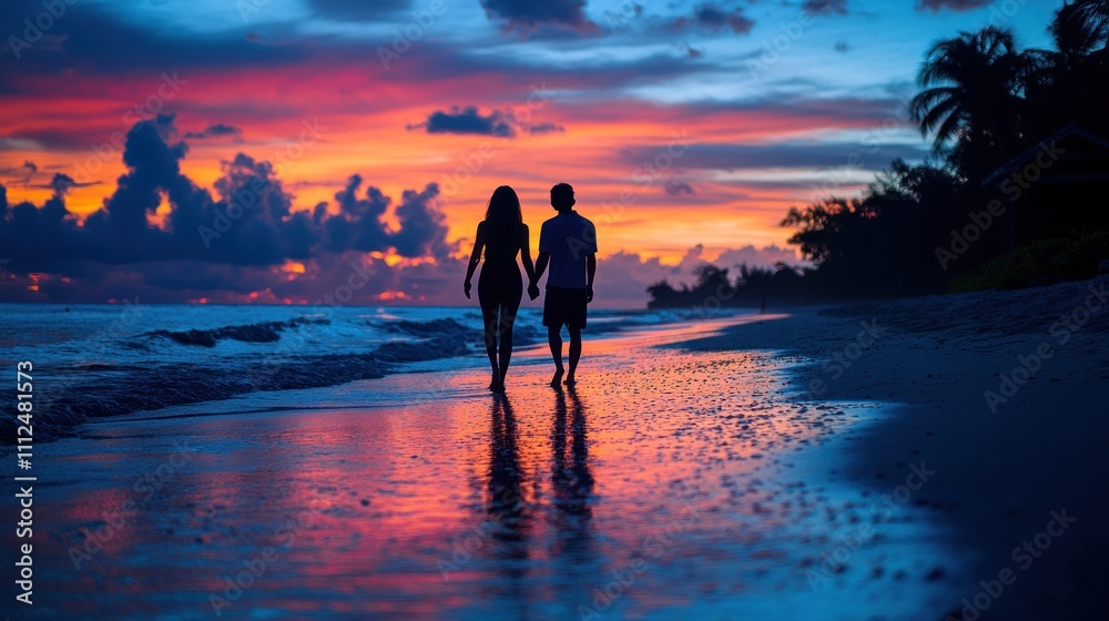 Fototapeta premium A couple walks hand-in-hand along a beach at sunset, reflecting on the water.