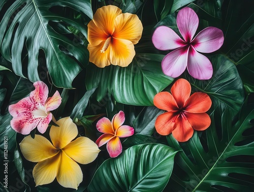 vibrant tropical leaves intertwined with colorful exotic flowers, creating a lush, tropical scene that evokes feelings of warmth and adventure, perfect for a summer vibe