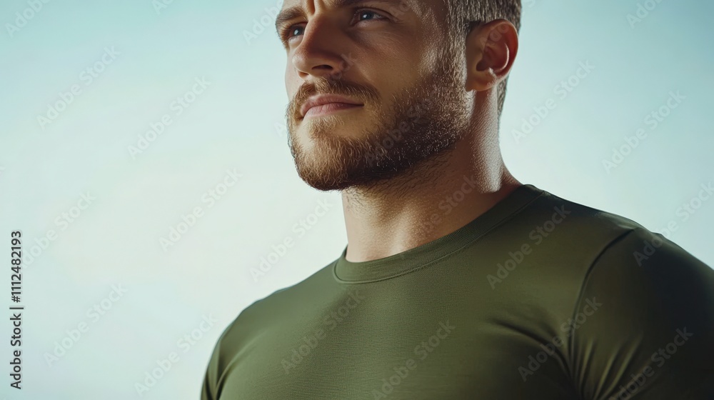 A confident young man with a well-groomed beard, wearing a fitted olive green shirt, gazes upward against a soft, light background, This image can be used for fitness, motivation A confident young man with a well-groomed beard, wearing a fitted olive green shirt, gazes upward against a soft, light background, This image can be used for fitness, motivation