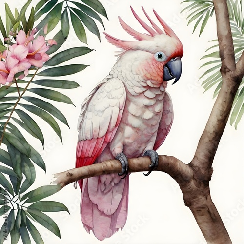 Pink Cockatoo Watercolor Paintings Wall Art, sitting on a tree branch, leaves visible behind,Tropical Illustration Poster,Generative Ai
 photo