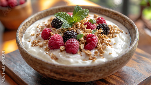 Close-up of a smoothie bowl topped with grano