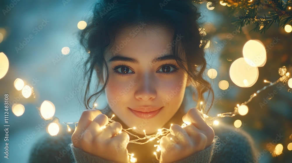 A young woman holds fairy lights, smiling warmly in a cozy winter setting. A young woman holds fairy lights, smiling warmly in a cozy winter setting.