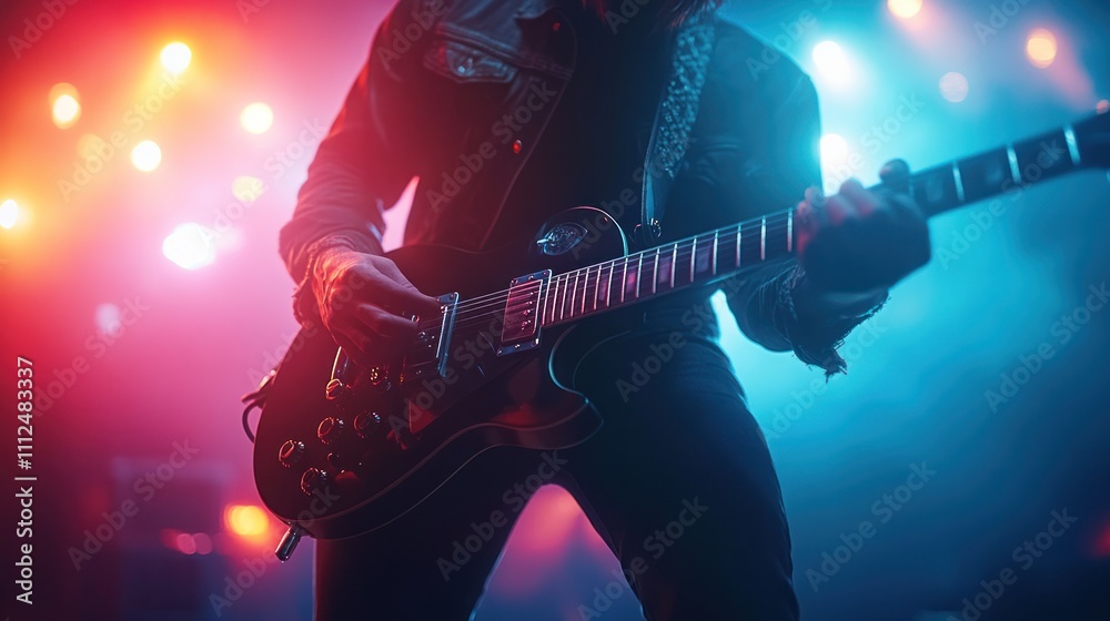 Naklejka premium A guitarist performs on stage, illuminated by vibrant stage lights.