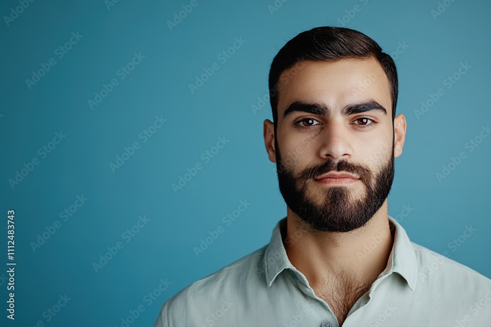Bearded young man with serious expression on blue background Bearded young man with serious expression on blue background