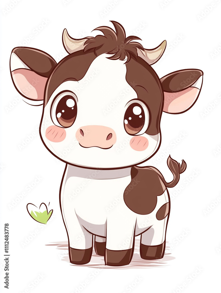 Obraz premium A cute and happy cartoon cow in a simple character design. Wearing a bell around its neck.