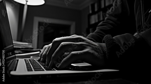 A person typing on a laptop in a dimly lit room.