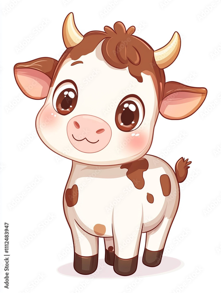 A cute and happy cartoon cow in a simple character design. Wearing a bell around its neck. A cute and happy cartoon cow in a simple character design. Wearing a bell around its neck.
