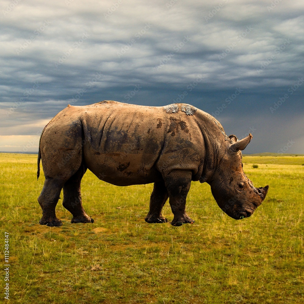Obraz premium A rhinoceros standing on green grassland under a dramatic cloudy sky. Wildlife photography capturing the strength and majesty of this endangered animal in its natural habitat.