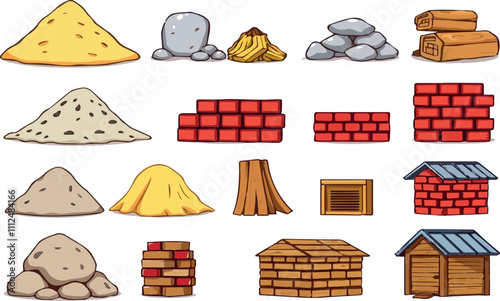  Cartoon illustration of a colorful construction set featuring various playful building objects and tools.