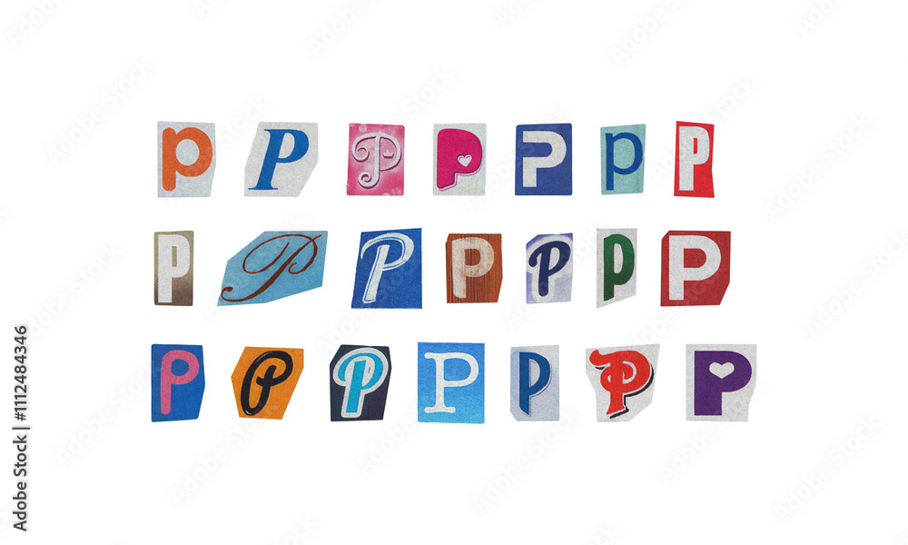Set of cut-out letter “P” from magazines on a transparent background, retro y2k ransom font style Set of cut-out letter “P” from magazines on a transparent background, retro y2k ransom font style
