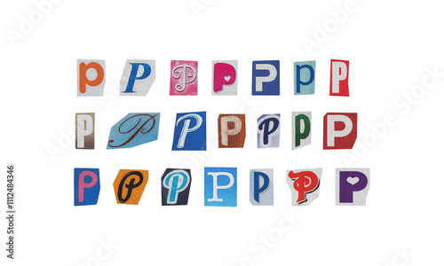 Set of cut-out letter “P” from magazines on a transparent background, retro y2k ransom font style