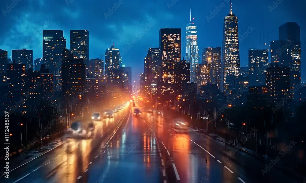 A rainy cityscape at night, illuminated by vibrant lights reflecting on wet streets. A rainy cityscape at night, illuminated by vibrant lights reflecting on wet streets.